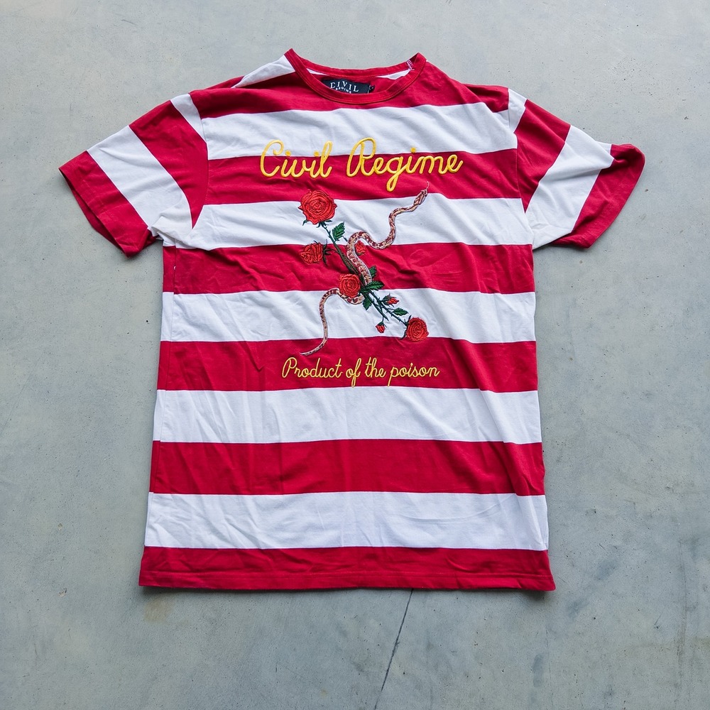 Civil Regime Product of the Poison Shirt Men's L Red White Striped Embroidered